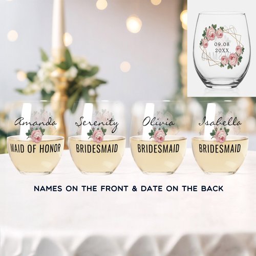 Bridal Team Gold Glitter Geo Pink Floral Wedding Stemless Wine Glass