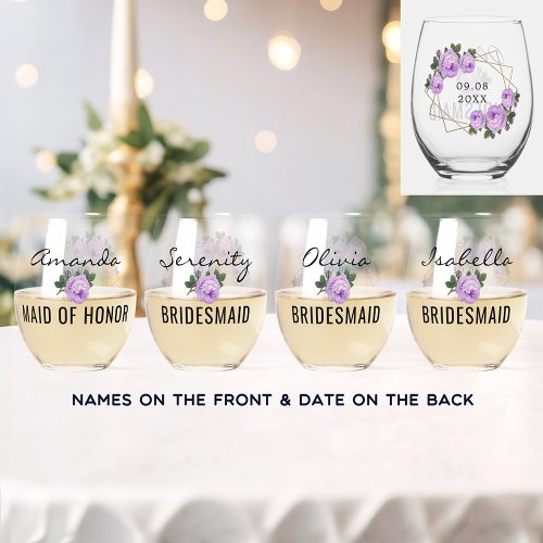 Bridal Team Gold Glitter Geo Purple Floral Wed Stemless Wine Glass