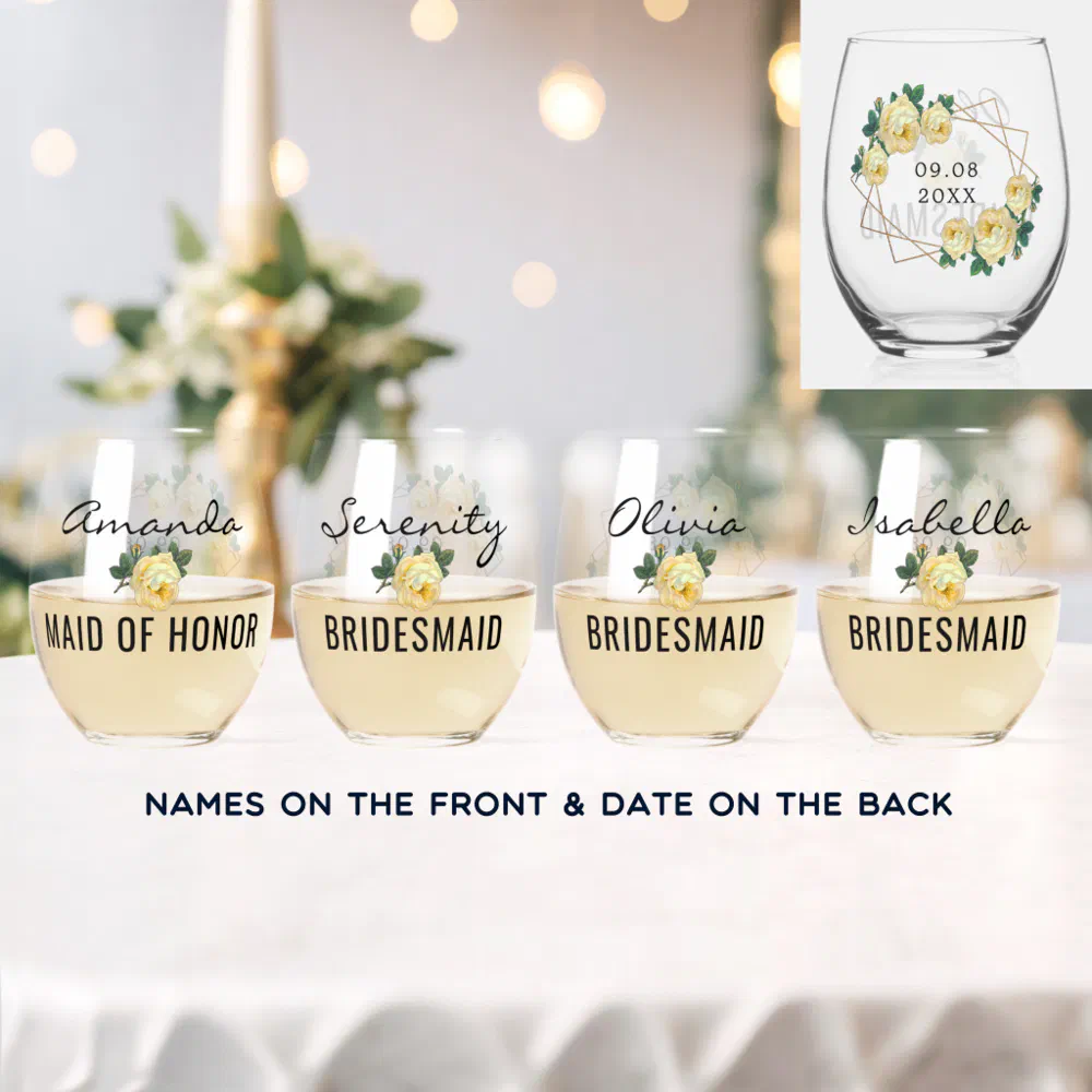 Bridal Team Gold Glitter Geo Yellow Floral Wedding Stemless Wine Glass