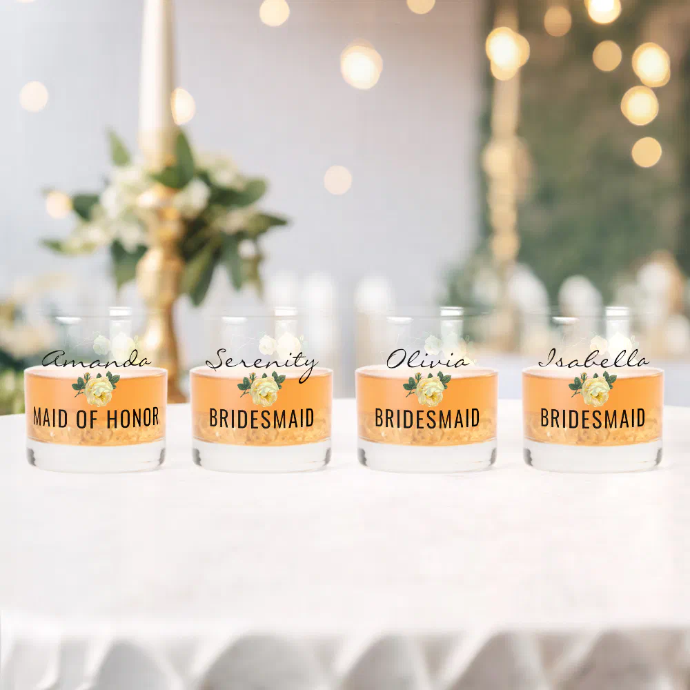 Bridal Team Gold Glitter Geo Yellow Floral Wedding Whiskey Glass