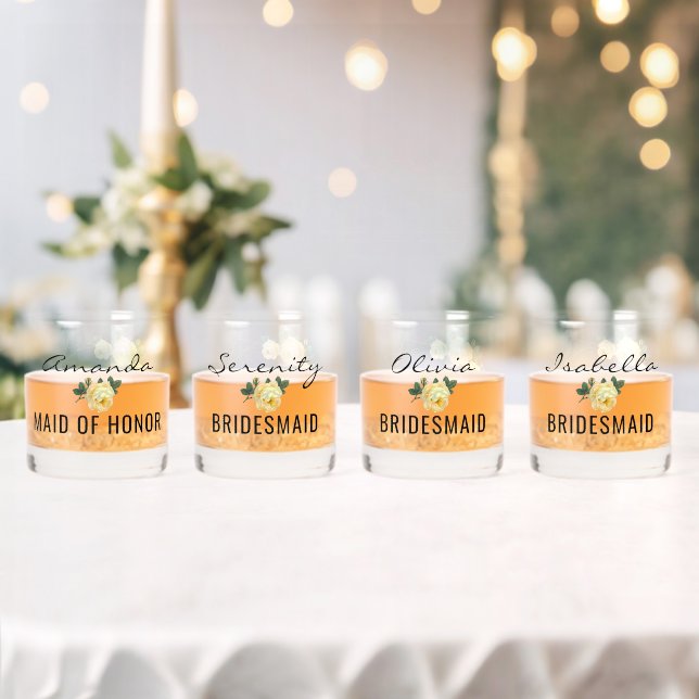 Bridal Team Gold Glitter Geo Yellow Floral Wedding Whiskey Glass (Insitu (Wedding))