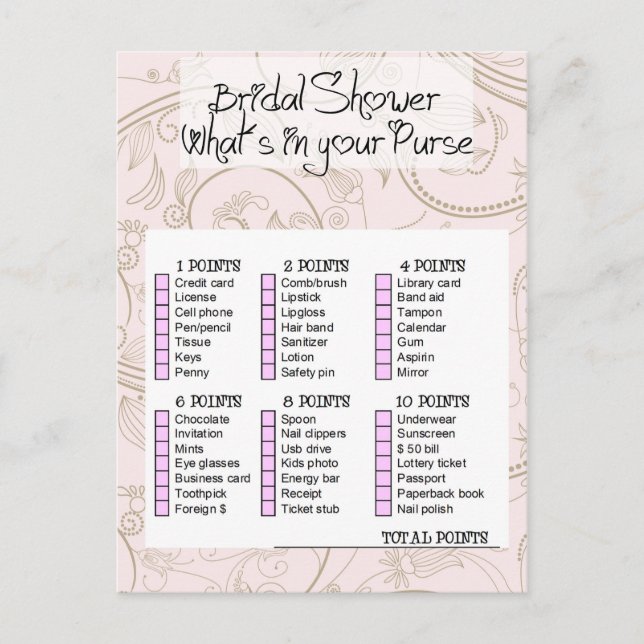 Bridal to shower game What is in your purse? Invitation Postcard (Front)