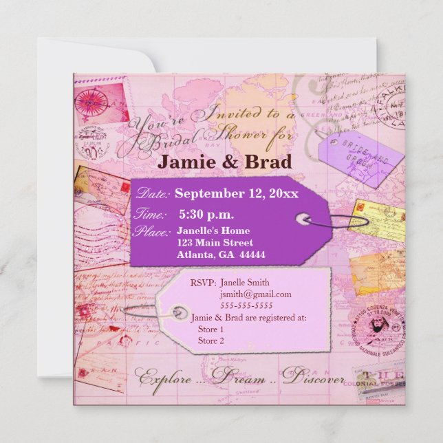 Bridal Travel Shower theme in pink and purple Invitation (Front)