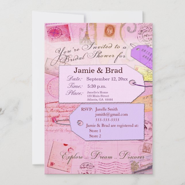 Bridal Travel Shower theme in pink and purple Invitation (Front)