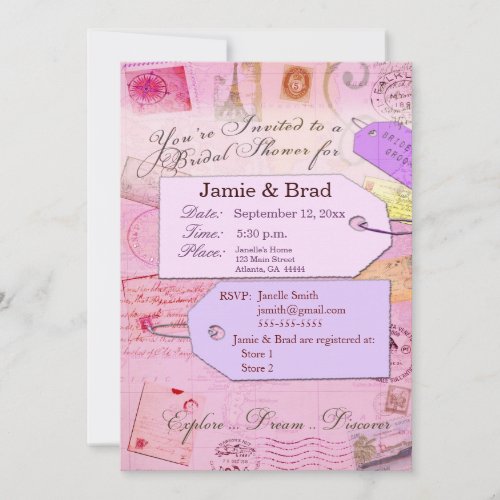 Bridal Travel Shower theme in pink and purple Personalized Invitation