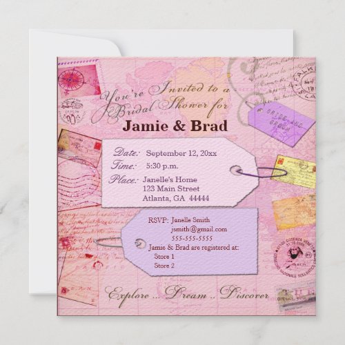 Bridal Travel Shower theme in pink and purple Personalized Invitation