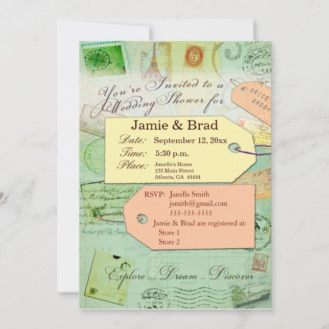 Bridal Travel Shower theme in seafoam and coral Invitation (Front)