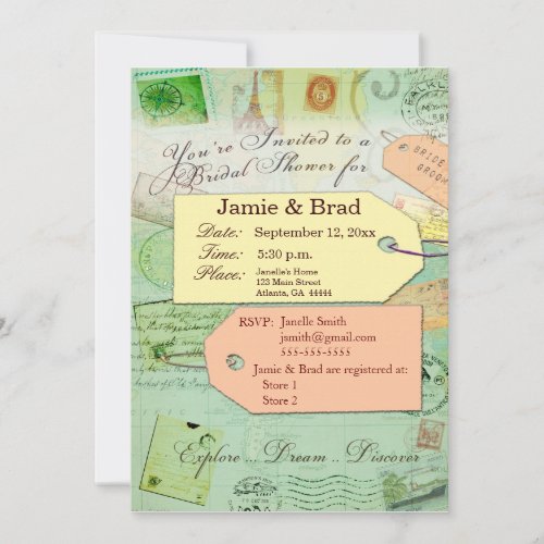 Bridal Travel Shower theme in seafoam and coral Personalized Announcement