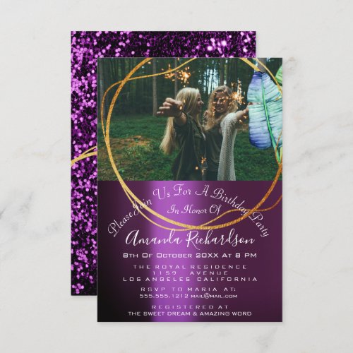 Bridal Tribe Shower Sweet 16th Photo Purple Gold Invitation