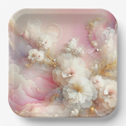 Bridal Tulle Floral Abstract Paper Plates