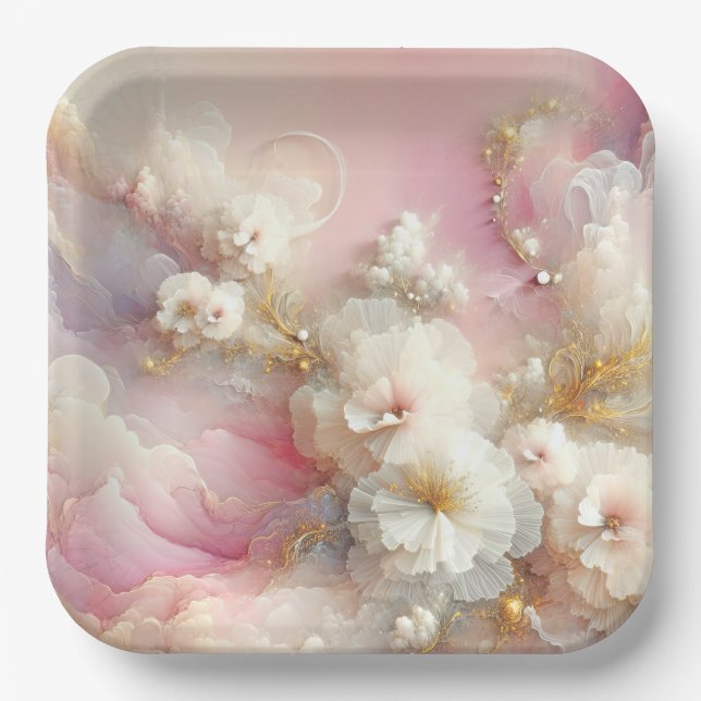 Bridal Tulle Floral Abstract Paper Plates (Front)