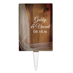 Bridal Veil and Barn Wood Country Wedding Cake Topper