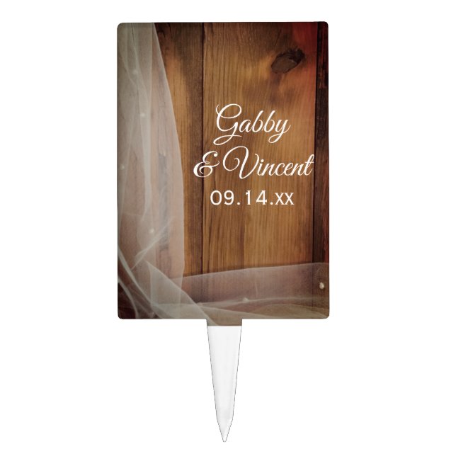 Bridal Veil and Barn Wood Country Wedding Cake Topper (Front)