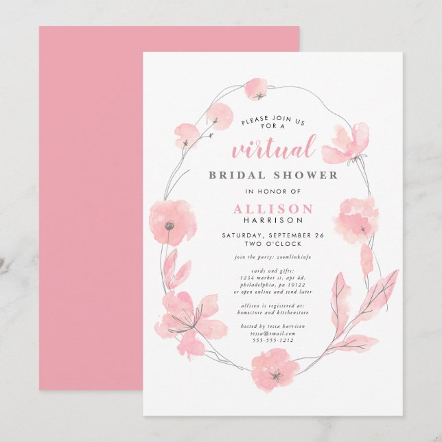Bridal Virtual Shower | Pink Floral Watercolor Invitation (Front/Back)