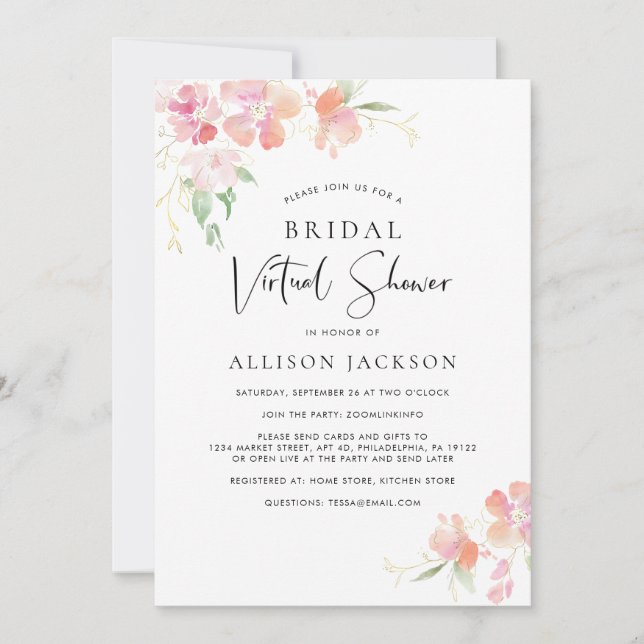 Bridal Virtual Shower Pink Gold Floral Watercolor Invitation (Front)