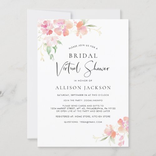 Bridal Virtual Shower Pink Gold Floral Watercolor Invitation