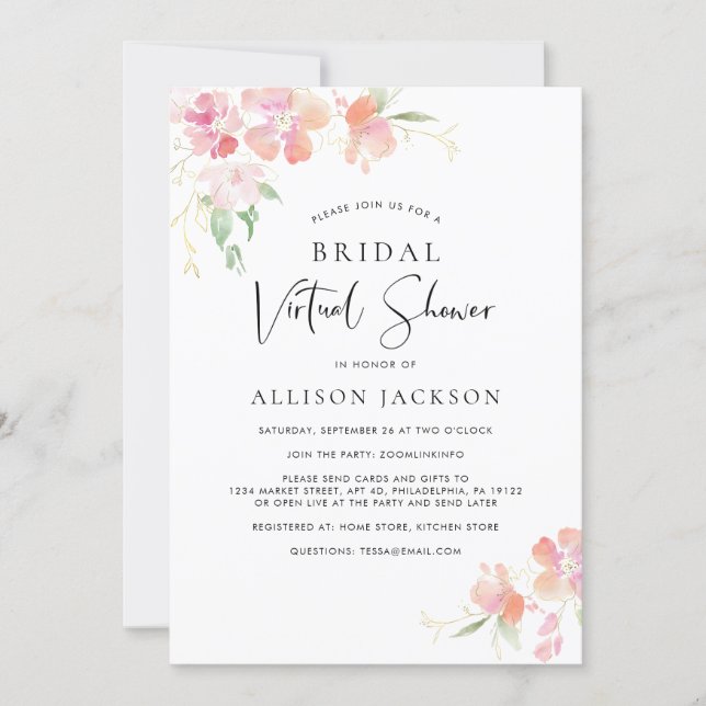 Bridal Virtual Shower Pink Gold Floral Watercolor Invitation (Front)