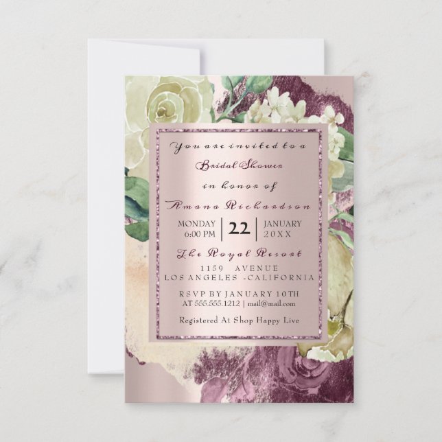 Bridal Watercolor Marsala White Floral Rose Gold Invitation (Front)