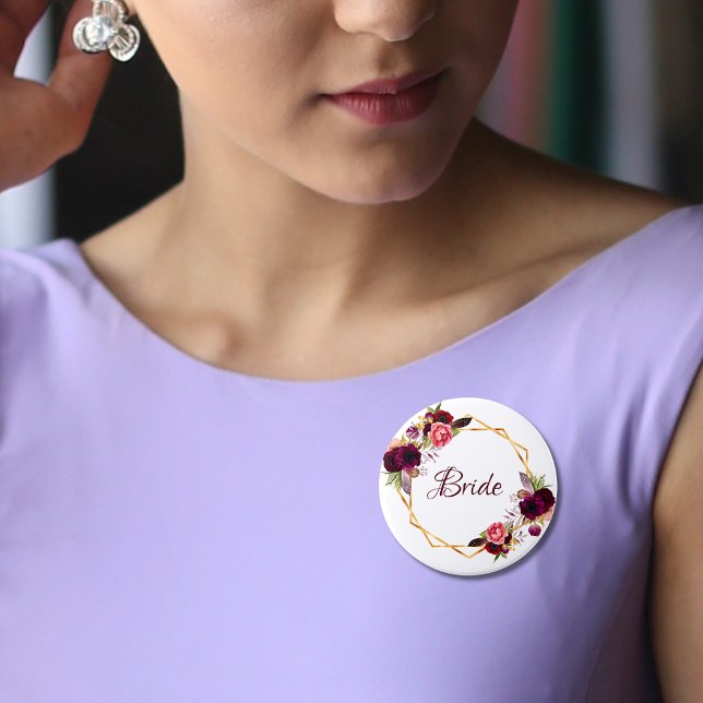 Bridal watercolored florals burgundy gold button (Creator Uploaded)
