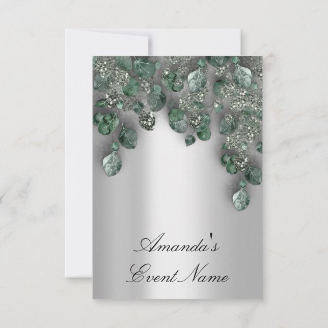 Bridal Weddi Glitter SmokyGray Eucalyptus Greenery Invitation (Back)