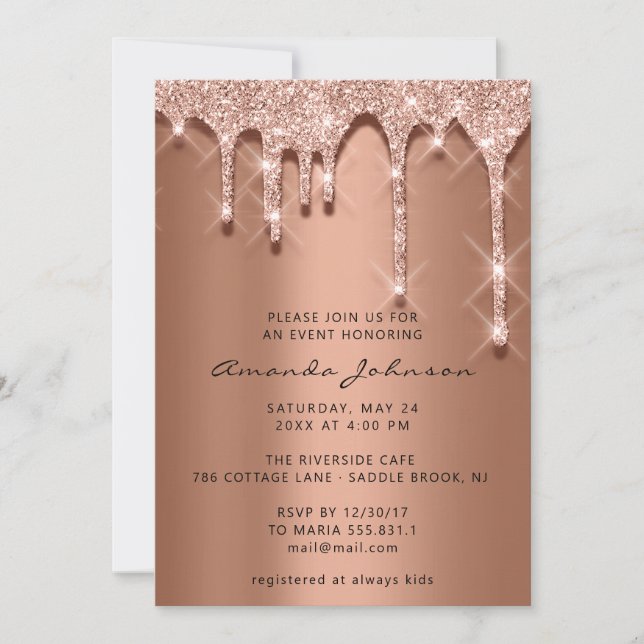 Bridal Wedding Birthday 16th Rose 3D Drips Coopper Invitation (Front)