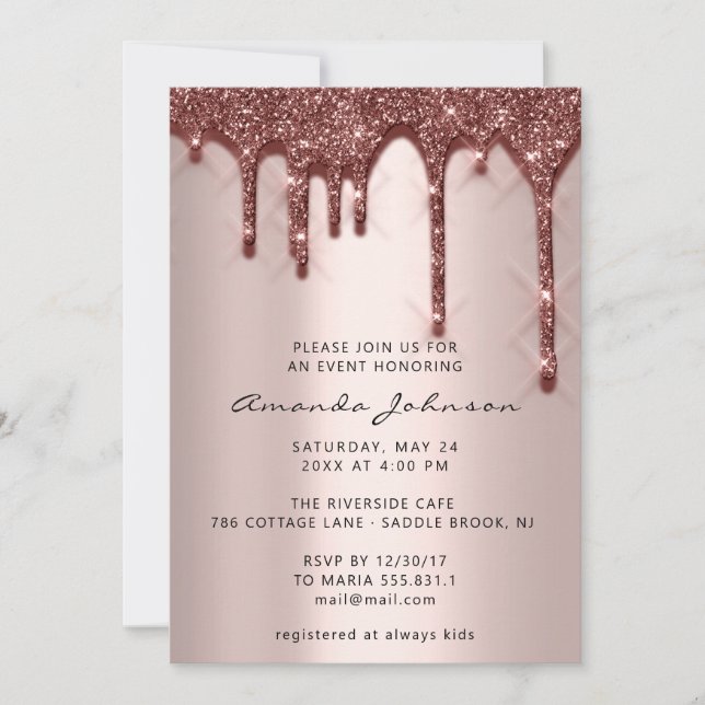 Bridal Wedding Birthday 16th Rose Gold 3D Drips Invitation (Front)