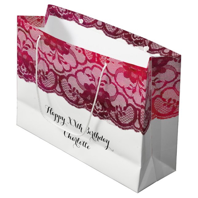 Bridal Wedding Birthday Burgundy Ruby Pink Lace Large Gift Bag (Front Angled)