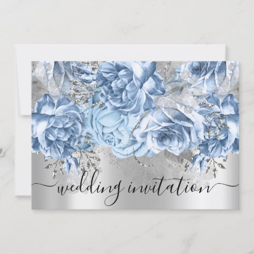 Bridal Wedding Blue Silver Gray Roses Floral Invitation
