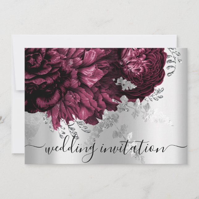 Bridal Wedding Burgundy Marsala Silver Floral Invitation (Front)