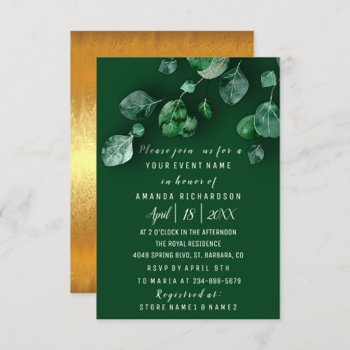 Bridal Wedding Eucalyptus Green Gold Woodland Invitation