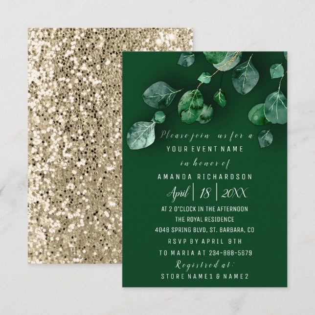 Bridal Wedding Eucalyptus Greenery Gold Glitter Invitation (Front/Back)