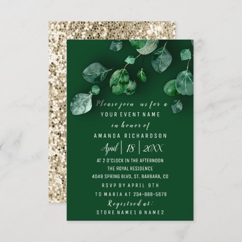 Bridal Wedding Eucalyptus Greenery Gold Glitter Invitation