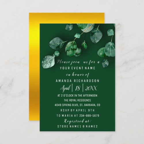 Bridal Wedding Eucalyptus Greenery Gold Woodland Invitation