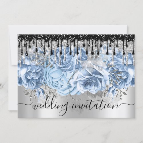 Bridal Wedding Glitter Drips Blue Silver Gray Invi Invitation
