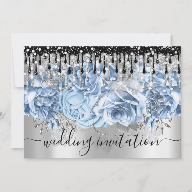 Bridal Wedding Glitter Drips Blue Silver Gray Invitation (Front)