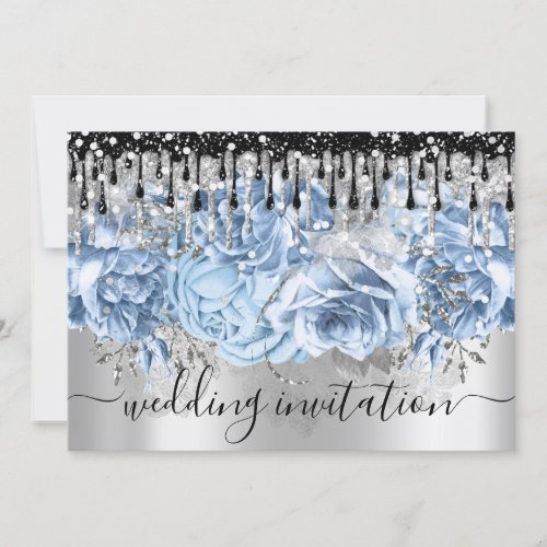 Bridal Wedding Glitter Drips Blue Silver Gray Invitation