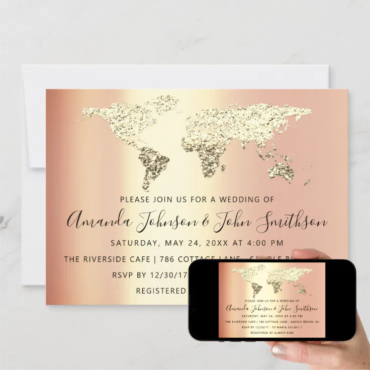 Bridal Wedding Gold Destination Map Globe Coral Invitation | Zazzle