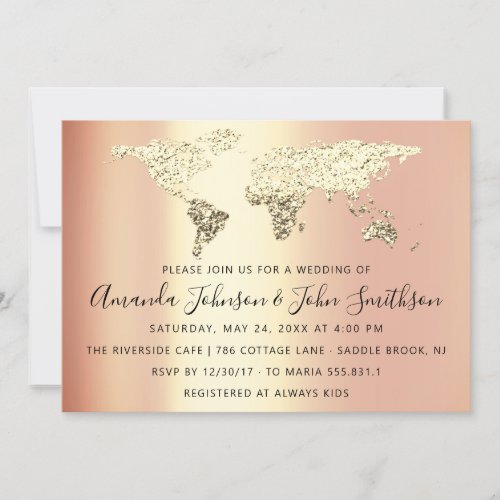 Bridal Wedding Gold Destination Map Globe Coral Invitation