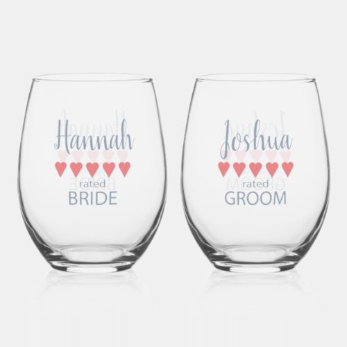Bridal  Wedding Party 5 Heart Bride  Groom Stemless Wine Glass
