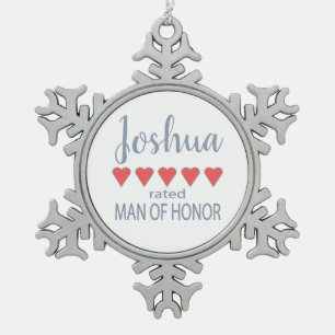 Bridal & Wedding Party 5 Heart Man of Honor Snowflake Pewter Christmas Ornament