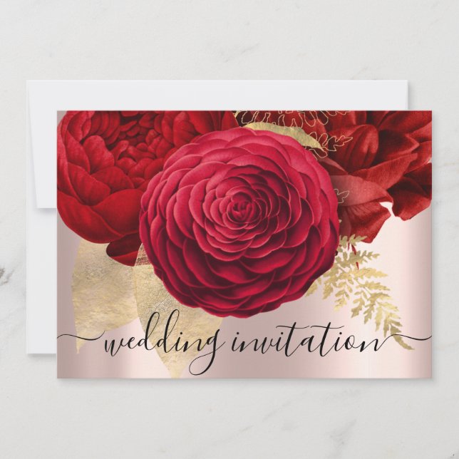 Bridal Wedding Red Gold Roses Flowers Elegant Invitation (Front)