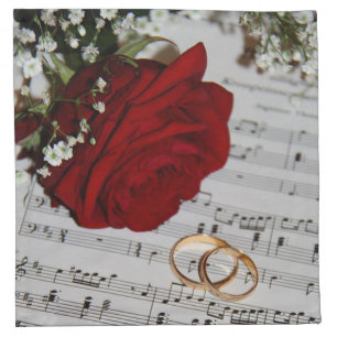 Bridal Wedding Rings, Music Notes and Red Rose Cloth Napkin