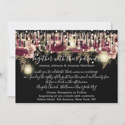 Bridal Wedding Rose Drip Pink Marsala Lights Black Invitation