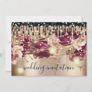 Bridal Wedding Rose Drip Pink Marsala Lights Gold Invitation