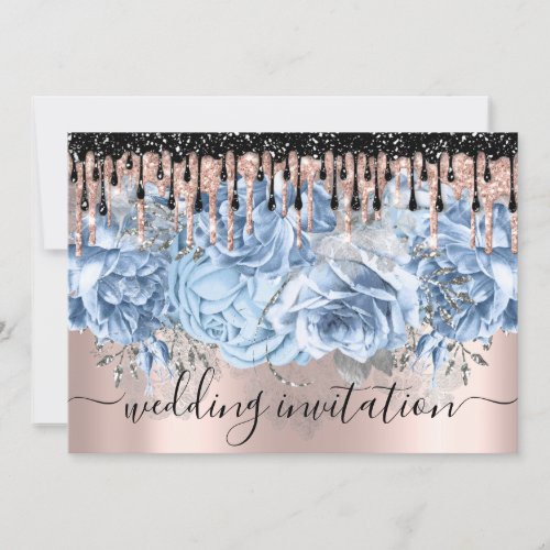 Bridal Wedding Rose Glitter Drips Blue Gray Floral Invitation