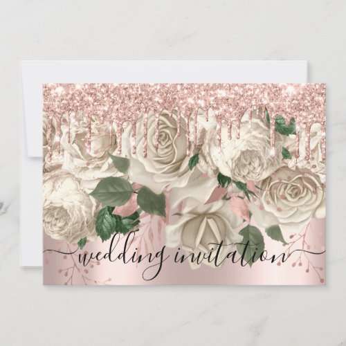 Bridal Wedding Rose Glitter Drips Ivory Roses Invitation