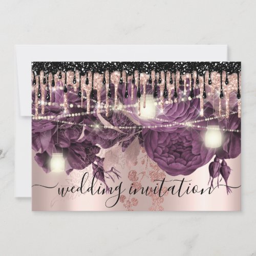 Bridal Wedding Rose Glitter Drips Purple Berry  Invitation
