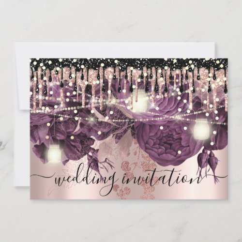 Bridal Wedding Rose Glitter Drips Purple Confetti Invitation