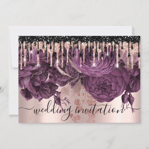 Bridal Wedding Rose Glitter Drips Purple Roses Invitation