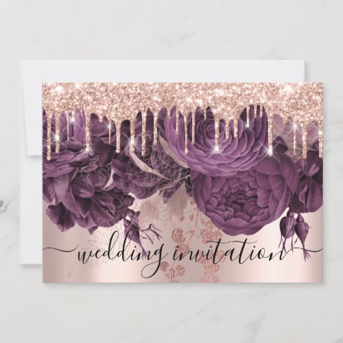 Bridal Wedding Rose Glitter Drips Purple Violet Invitation